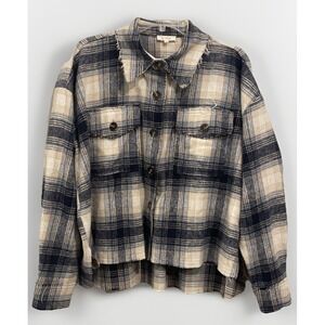 La Miel Blue And Cream Plaid‎ Shacket Frayed Edges Raw Hem Women's Small